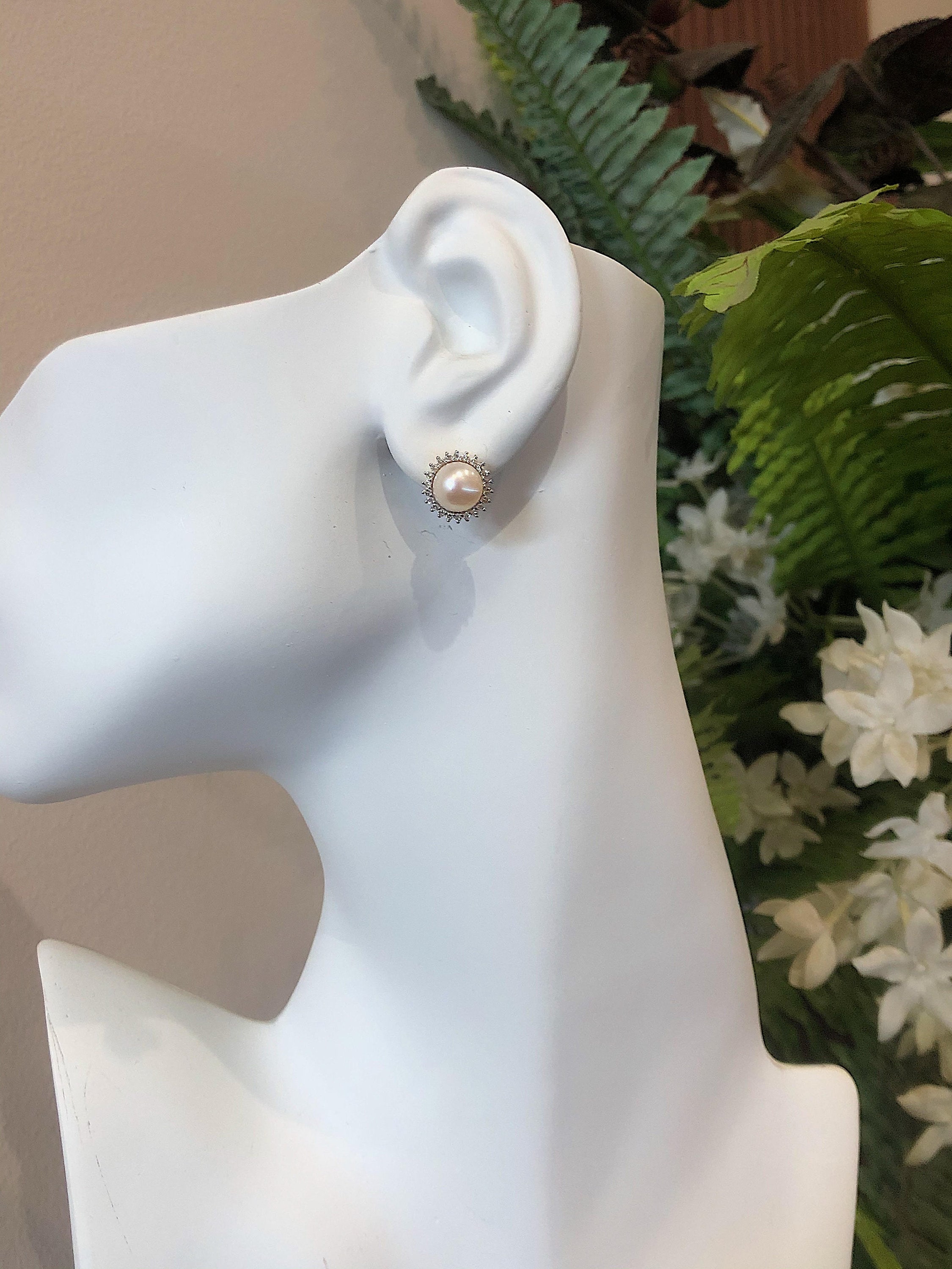 Pearl stud earrings with diamond halo Clearance