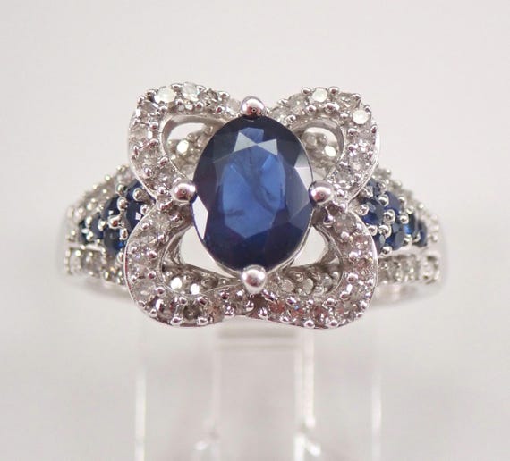 Sapphire and Diamond Ring - White Gold Gemstone Cluster Setting - Unique Bridal Promise Gift