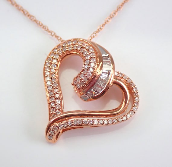 Solid Rose Gold Genuine Diamond Heart Pendant Necklace 18" Chain