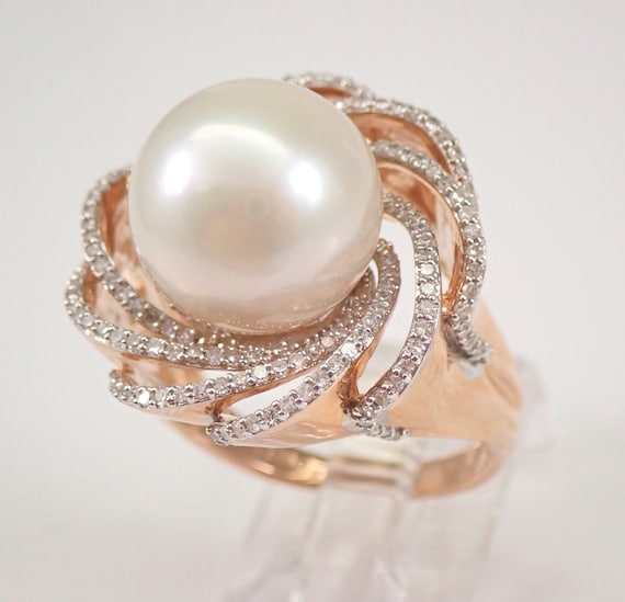 South Sea Pearl and Diamond Ring - 14K Rose Gold Large Swirl Setting - Large Gemstone Fine Jewelry Gift