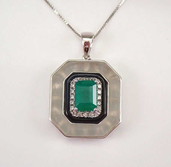 Genuine Emerald and Onyx Pendant Necklace - 18K White Gold Diamond Jewelry - Unique Frosted Quartz Halo Drop