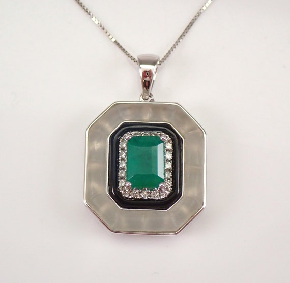 18K White Gold Emerald and Onyx Necklace - Frosted Quartz and Diamond Pendant - Unique Fine Jewelry Charm Chain
