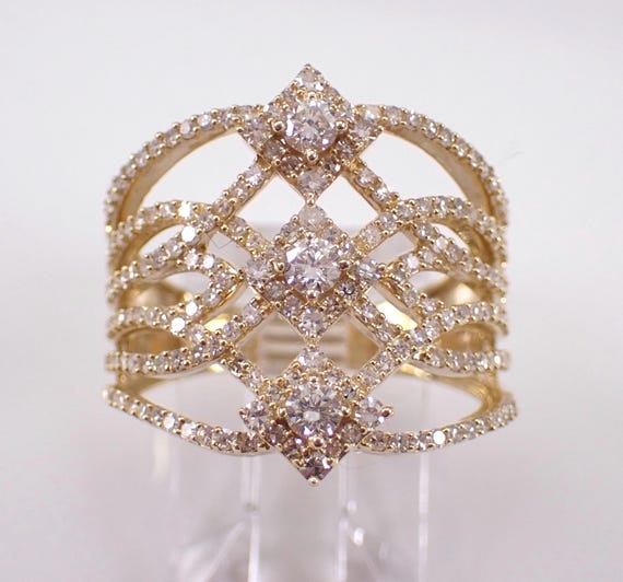 14K Yellow Gold Diamond Anniversary Band - Multi Row Fashion Cocktail Ring - GalaxyGems Modern Wedding Jewelry Gift