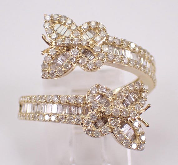 14K Yellow Gold Diamond Butterfly Bypass Ring: Unique Baguette Crossover Band