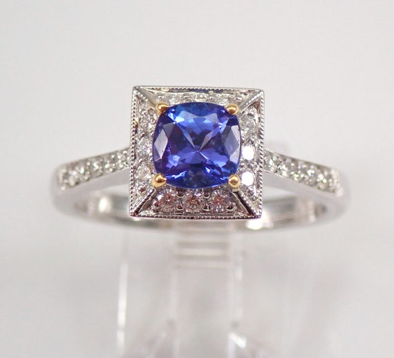 18K White Gold Tanzanite and Diamond Ring - Square Halo Engagement Setting - Unique Cushion Cut Gemstone Wedding Gift