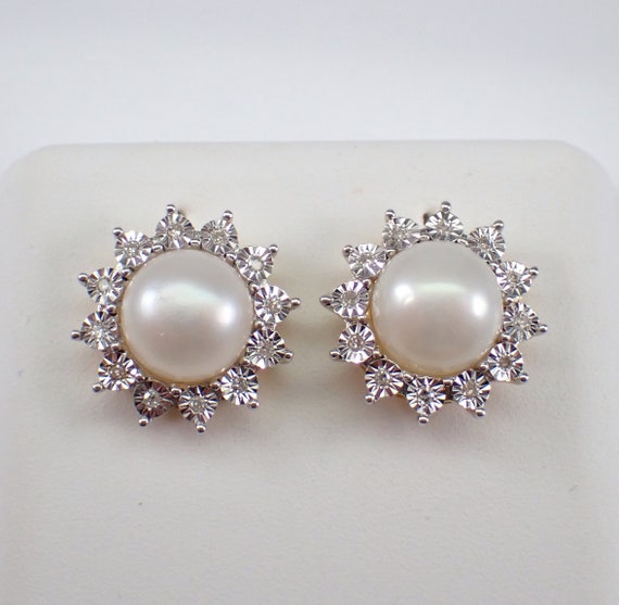 Pearl and Diamond Halo Stud Earrings - Yellow Gold Fine Jewelry Gift - June Birthstone Gemstone Studs