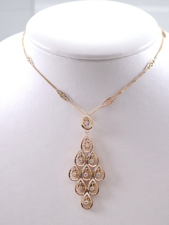 1940's Antique Diamond Necklace - Vintage 14K Yellow Gold Dangle Chandelier Pendant - 18 inch Infinity Station Choker Chain