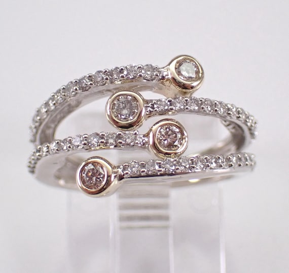 14K White Gold Multi Row Diamond Ring, Crossover Wedding Anniversary Band, Unique Two Tone Bridal Jewelry Gift