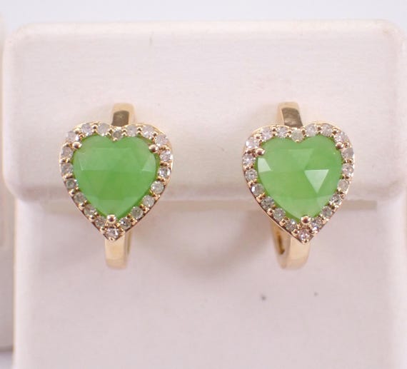 14K Yellow Gold Jade and Diamond Earrings - Unique Heart Halo Hoop Huggies - Green Gemstone Fine Jewelry Gift