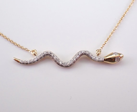 Yellow Gold Diamond Snake Necklace - Serpent Bar Pendant and Chain - Unique Station Charm Jewelry Gift