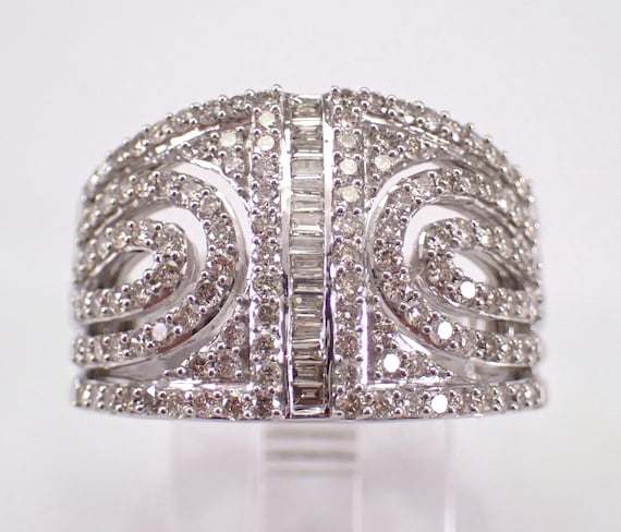 White Gold Diamond Anniversary Ring - Wide Baguette Wedding Cigar Band - Stackable Bridal Fine Jewelry Gift