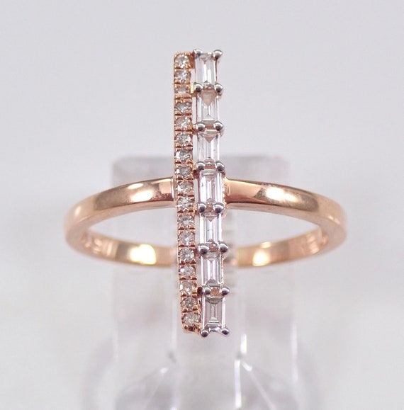 Rose Gold Baguette Diamond Ring - Unique Minimalist Fine Jewelry Gift - Thin Elongated Bar Design