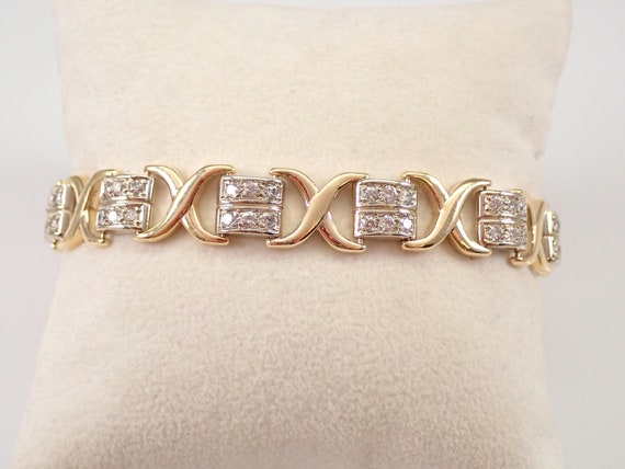14K Yellow Gold Vintage Diamond X Bracelet, Estate Two Tone Tennis Link