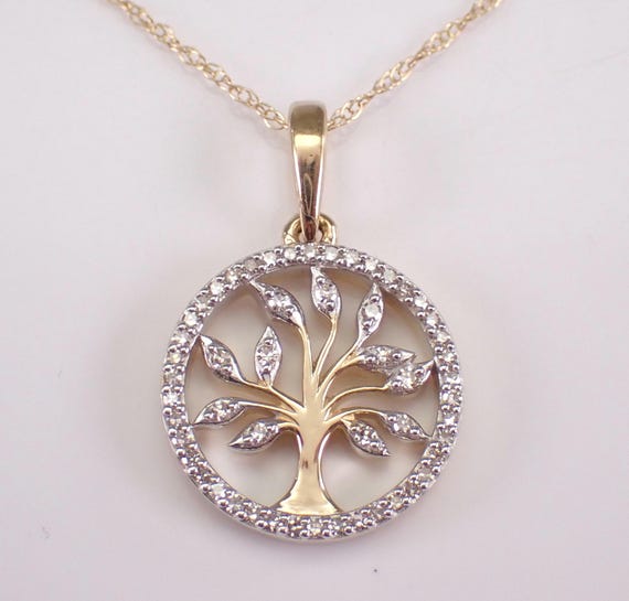 14K Yellow Gold Diamond TREE of LIFE Necklace - Dainty Circle Charm Pendant and Chain