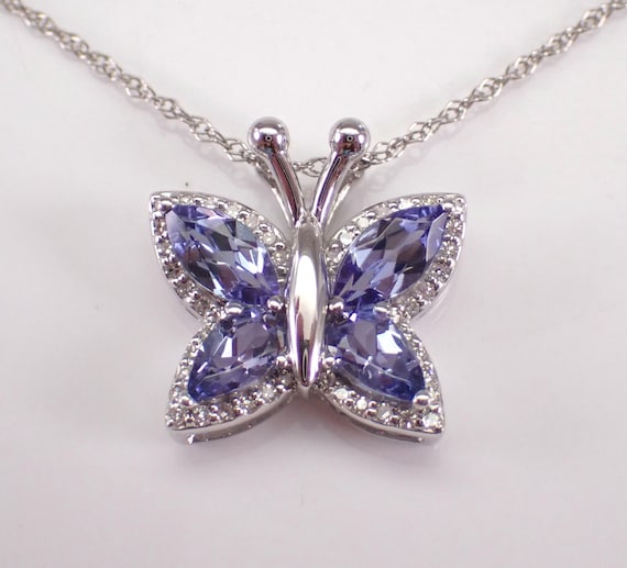 White Gold Tanzanite Butterfly Pendant - Diamond Set Charm Necklace and Chain - Unique Gemstone Fine Jewelry Gift