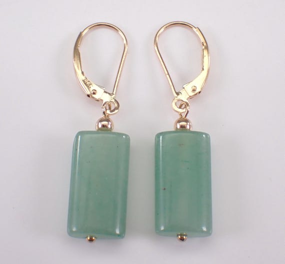 14K Yellow Gold Estate Jade Earrings: Rectangular Dangle Gemstone Leverback Drops