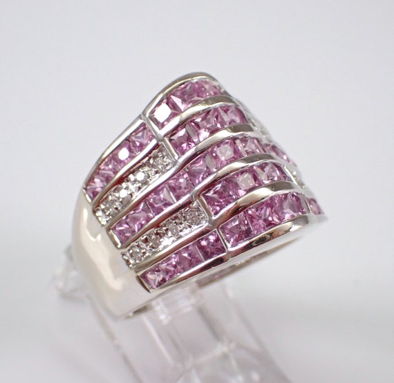 Pink Sapphire and Diamond Ring - Large 14k White … - image 3