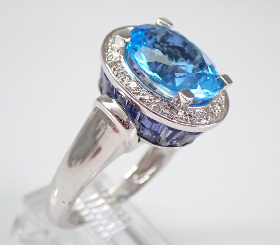 14K White Gold Blue Topaz Ring - Diamond and Tanzanite Engagement Setting - Hidden Baguette Gemstone Bridal Band
