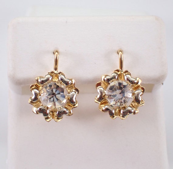 18K Yellow Gold White Topaz Earrings - Vintage Estate Fine Jewelry Gift - Flower Halo Euro English Lock Clasps