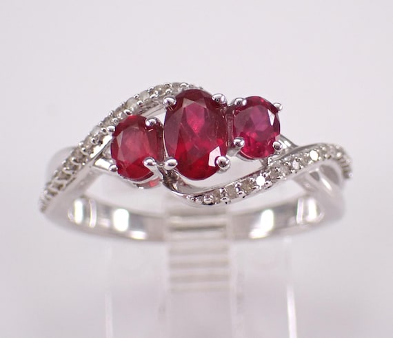 Ruby and Diamond Three Stone Ring - White Gold Petite Dainty Setting - July Birthstone Wedding Anniversary Band