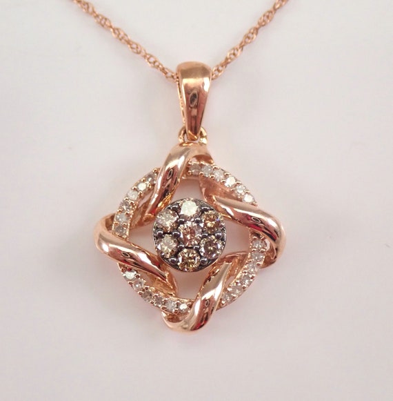 Unique Diamond Cluster Pendant - Cognac and Colorless Genuine Diamond Necklace - Solid Rose Gold Fine Jewelry