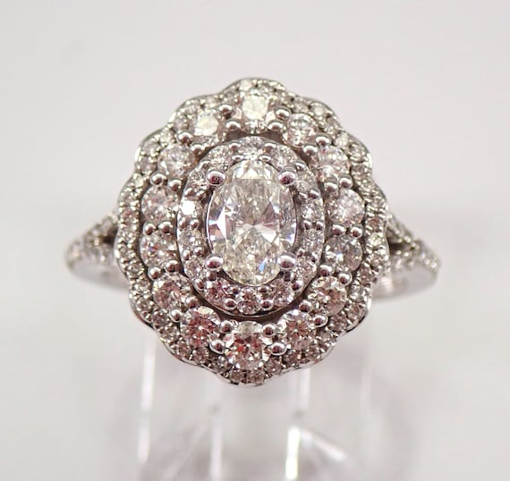 14K White Gold Diamond Engagement Ring - Multi Oval Halo Bridal Promise Jewelry - Right Hand Ballerina Setting