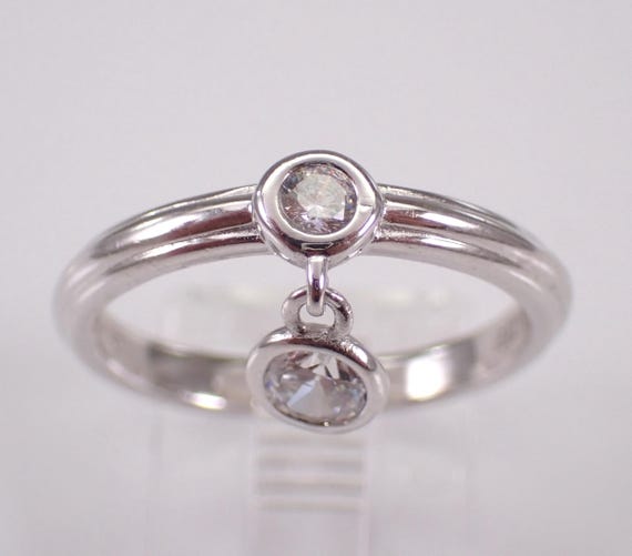 Sterling Silver Cubic Zirconia Ring, Dainty Bezel Solitaire Dangle CZ Band - Vintage Estate Bridal Jewelry Gift