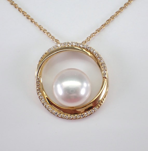 Pearl and Diamond Pendant Necklace - 14K Yellow Gold Circle Drop Charm Choker - June Birthstone Jewelry Gift