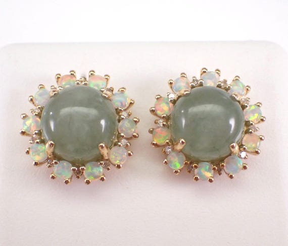 Yellow Gold Jade and Opal Earrings - Diamond Halo Gemstone Studs - Unique Green Healing Stone Jewelry Gift