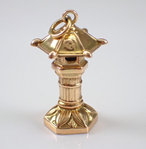 Vintage 14K Yellow Gold Birdhouse Charm - Asian Japanese Pagoda Pendant - Unique Bird House Lantern Drop