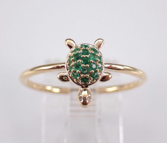 Yellow Gold Emerald Turtle Ring - Tortoise Gemstone Cluster Band - Unique Dainty Animal Jewelry