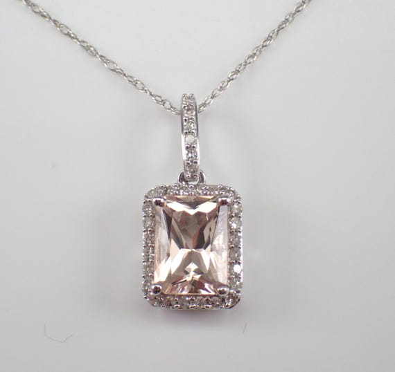 Morganite and Diamond Halo Pendant and Chain - Solid White Gold Gemstone Charm Necklace - Dainty Bridal Fine Jewelry Gift