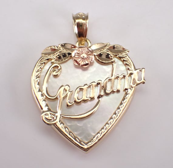 Vintage 14K Yellow Gold Grandma Charm - Mother of Pearl Heart Pendant for Necklace or Bracelet - Unique Birthday Fine Jewelry Gift