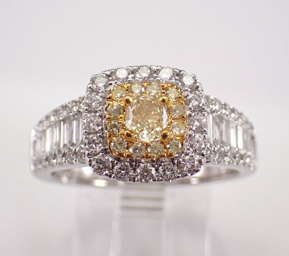 14K White Gold Canary Diamond Engagement Ring - Two Tone Baguette Bridal Jewelry Gift - Unique Colored Diamond Halo Setting