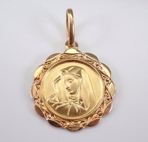 Vintage 18K Yellow Gold Virgin Mary Charm, Religious Miraculous Medal Pendant, Antique Prayer Jewelry Gift