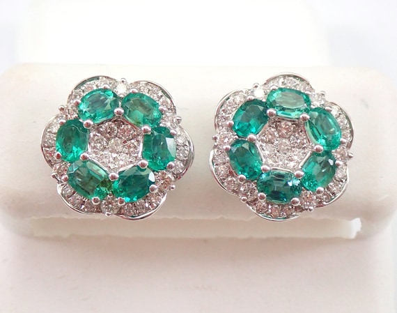 Genuine Emerald and Diamond Stud Earrings, Solid 18K White Gold Unique Earrings, May Birthstone Halo Snowflake Design,