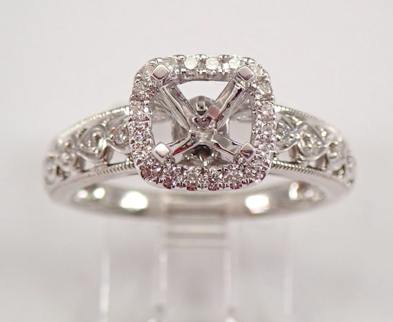 White Gold Diamond Halo Engagement Ring Setting Semi Mount Mounting Size 7