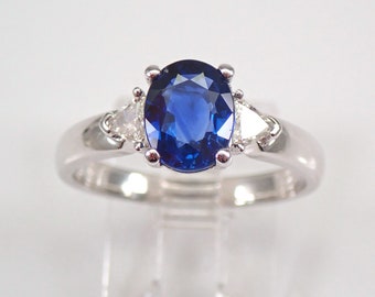 18K White Gold Sapphire and Diamond Ring - Bridal Engagement Fine Jewelry Gift - Oval and Trillion Gemstone Setting