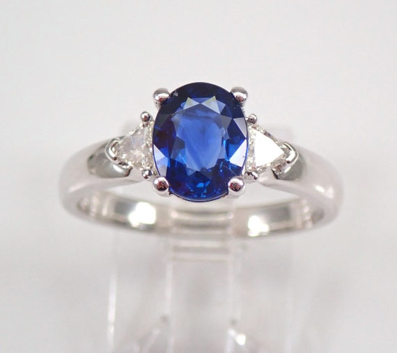 18K White Gold Sapphire and Diamond Ring - Bridal Engagement Fine Jewelry Gift - Oval and Trillion Gemstone Setting