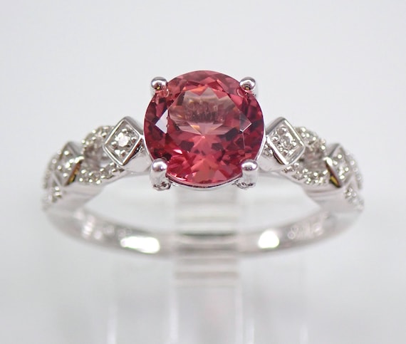 14K White Gold Pink Tourmaline Ring, Diamond Engagement Setting, October Gemstone Jewelry Gift