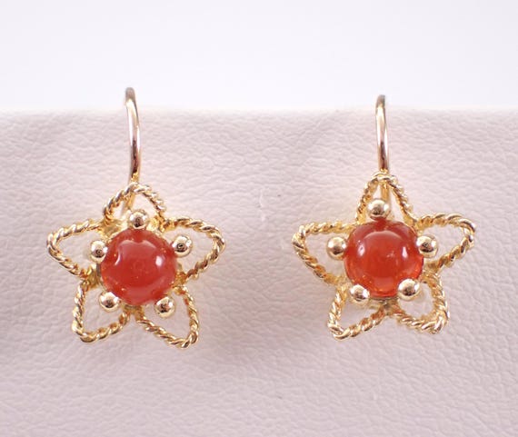 Antique 18K Yellow Gold Flower Earrings - Victorian Fire Opal Gemstone Drops - Unique Dainty Kidney Wire Clasp