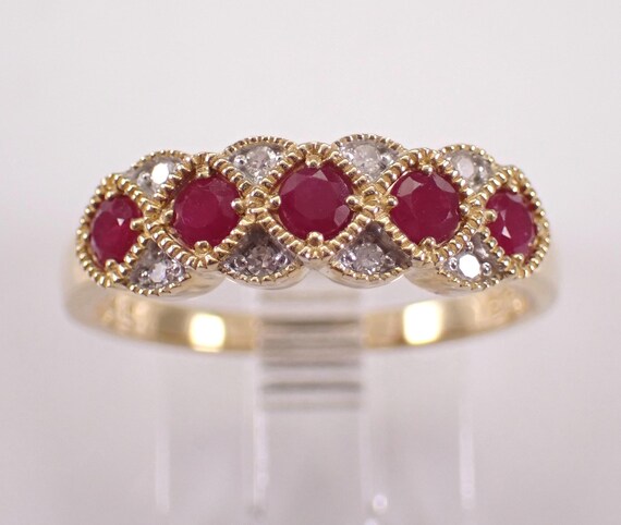 Ruby and Diamond Wedding Ring, Yellow Gold Anniversary Band, July Gemstone Bridal Jewelry Gift