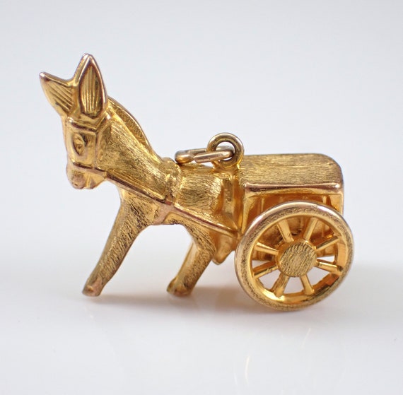 Vintage 9K Yellow Gold DONKEY Charm Pendant - Unique Horse Drawn Carriage - Pull Cart Buggy