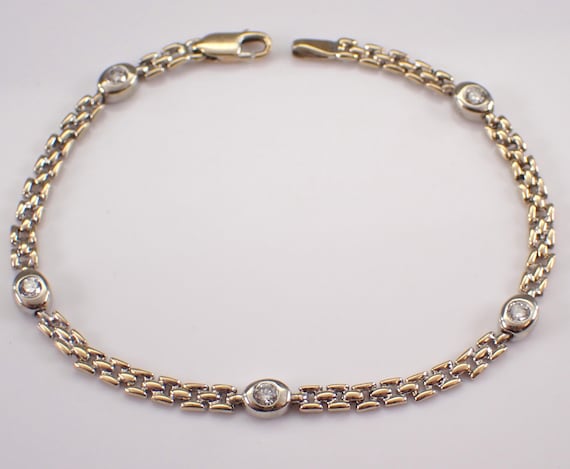 Vintage 14K Yellow Gold Diamond Bracelet - Estate Layering Dainty Station Two Tone Link