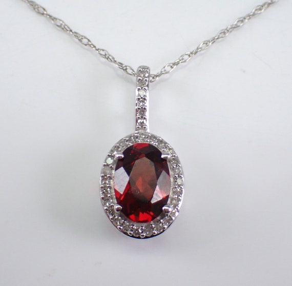 Garnet and Diamond Halo Pendant and Chain - White Gold Gemstone Necklace - January Birthstone Fine Jewelry Gift