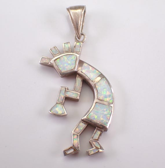 Vintage Sterling Silver Kokopelli Pendant - Unique Opal Inlay Gemstone Charm Jewelry