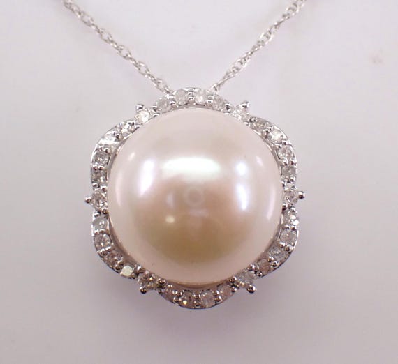 14K White Gold South Sea Pearl Necklace - Diamond Flower Setting Charm Pendant and Chain - Unique Gemstone Fine Jewelry Gift