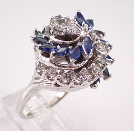 18K White Gold Sapphire Cluster Ring - Chunky Vintage Diamond Cocktail Setting - Unique Estate Fine Jewelry Gemstone Gift