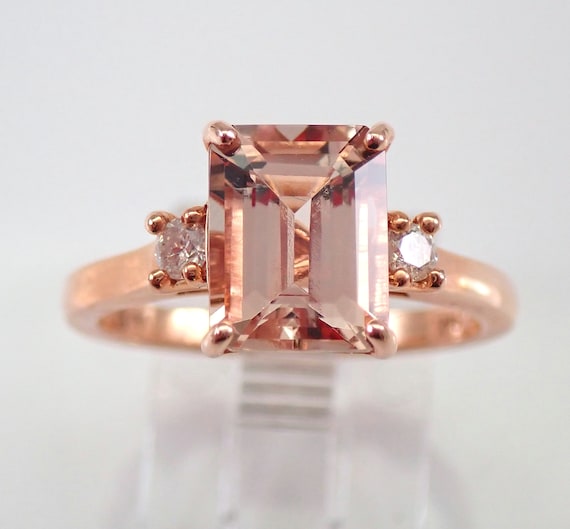 Genuine Morganite Three Stone Ring - 14K Rose Gold Diamond Setting - Pink Gemstone Bridal Jewelry Gift