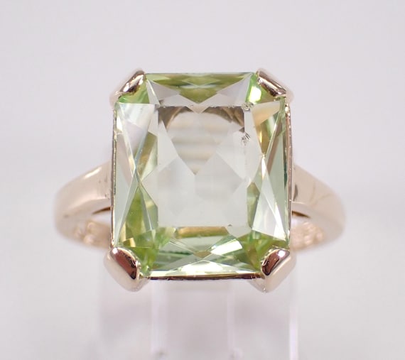 Vintage 14K Yellow Gold Lime Quartz Ring - Radiant Cut Solitaire Engagement Setting - Bridal Promise Jewelry Gift